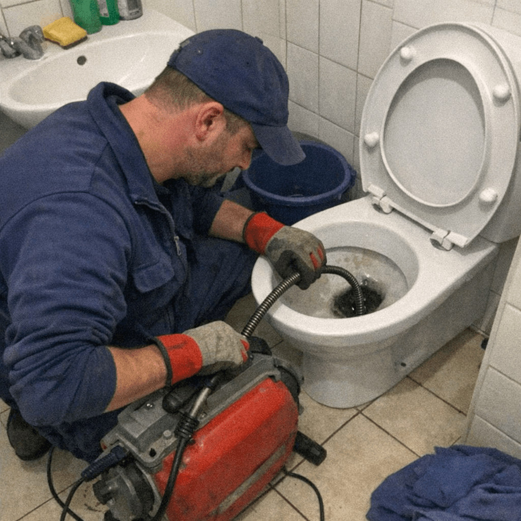 Rohrreiniger arbeitet mit Schutzkleidung an einer Toilette in einem Altbau-Bad