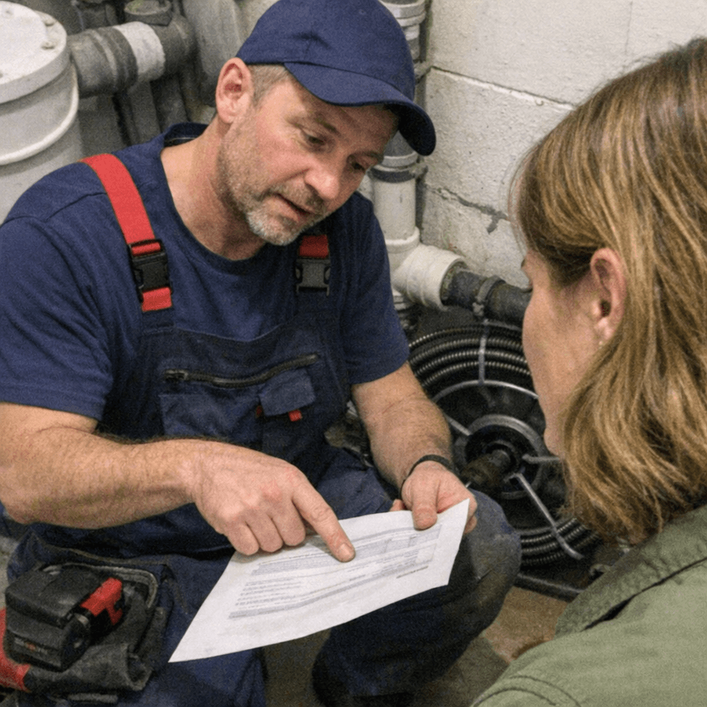 Monteur erklärt einer Kundin in einem Nürnberger Badezimmer den geplanten Ablauf der Rohrreinigung