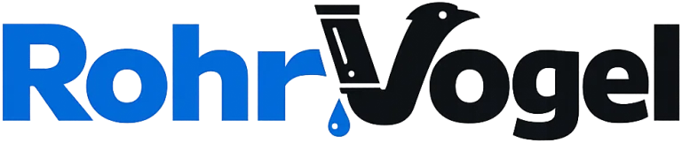 Blaues Firmenzeichen von RohrVogel mit stilisiertem Rohr und dunklem Schriftzug