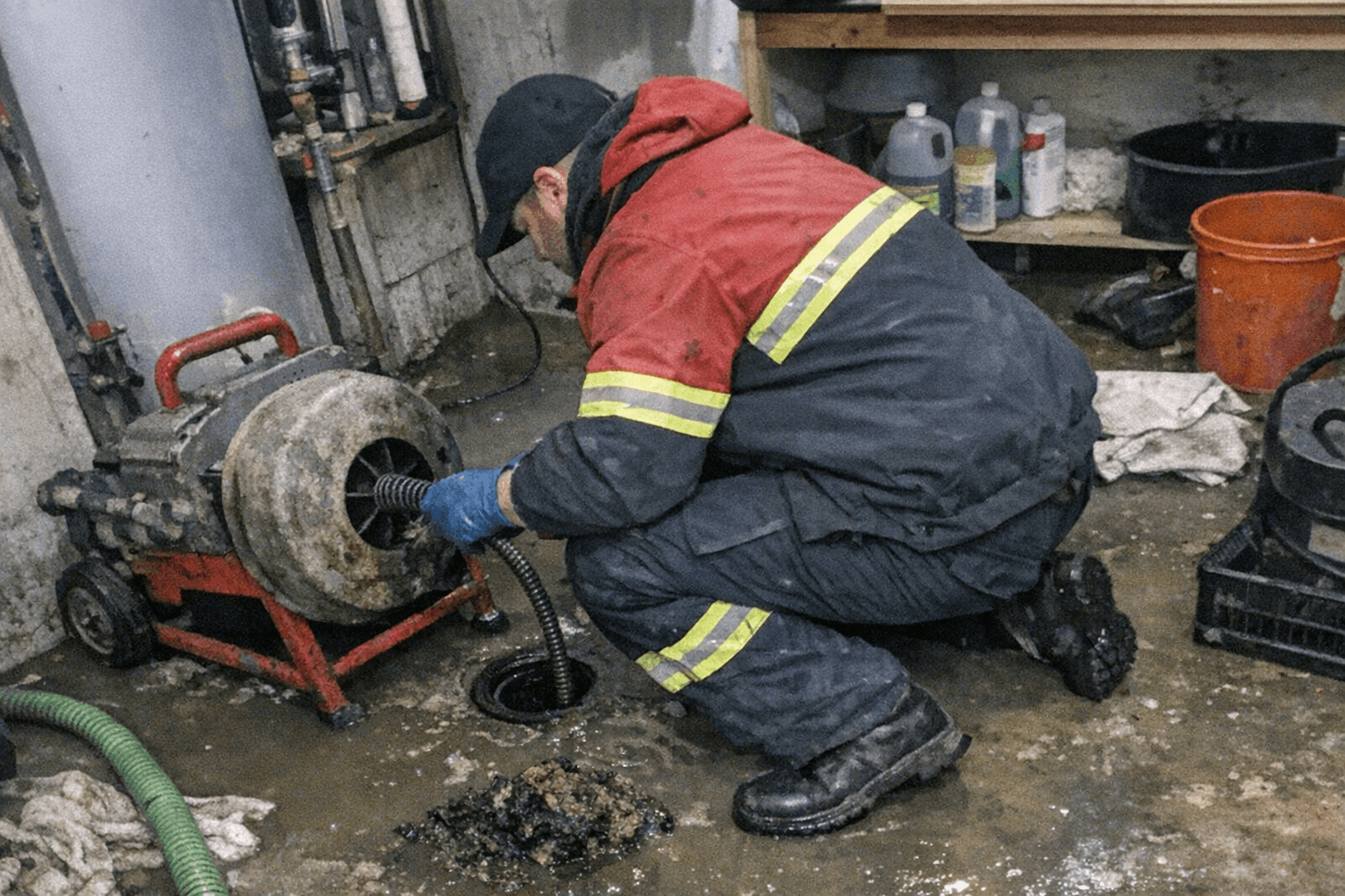 Techniker saugt verschmutztes Wasser aus einem Keller und kontrolliert daneben den Bodenablauf