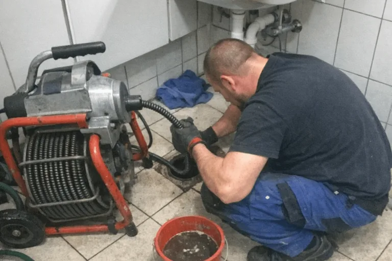 Mitarbeiter führt eine Motorspirale in ein geöffnetes Abflussrohr im Keller ein