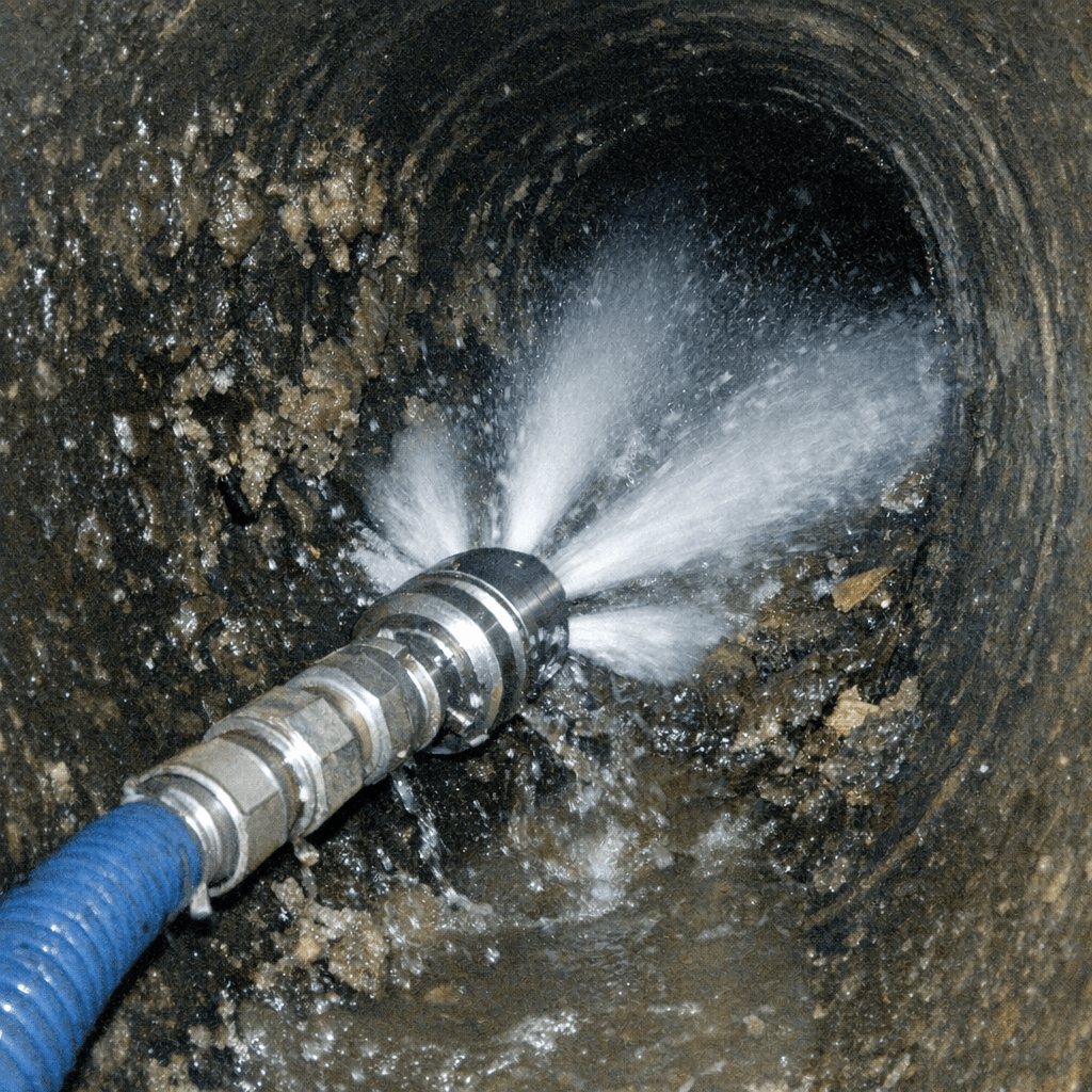 Spülfahrzeug steht vor einem Wohnhaus, während ein Techniker einen Kanalschacht bedient