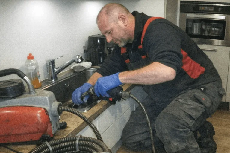 Techniker beseitigt eine Verstopfung unter einer Küchenspüle in einer hellen Wohnung