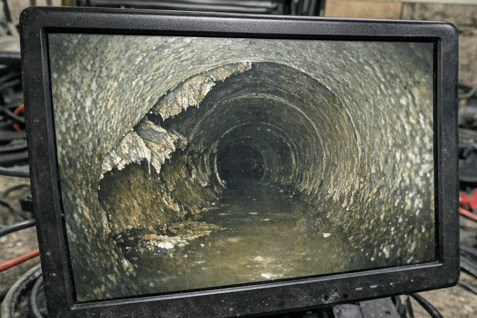 Bildschirm zeigt die Innenansicht einer Leitung mit markierter Schadstelle während einer Kamerafahrt